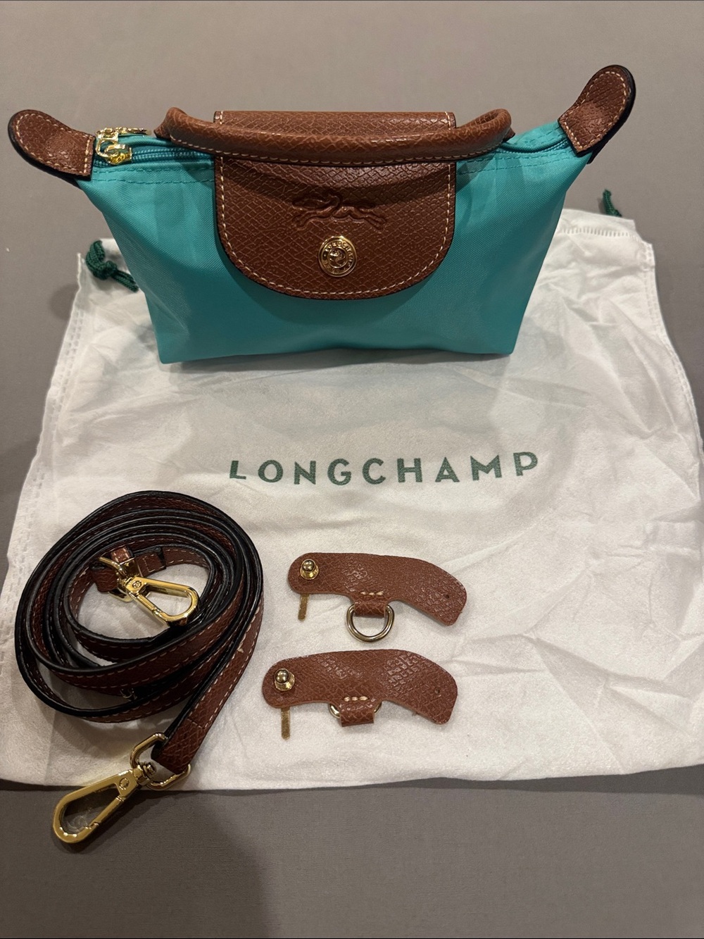 Longchamp Teal Nylon Mini Crossbody with Brown Leather Trim